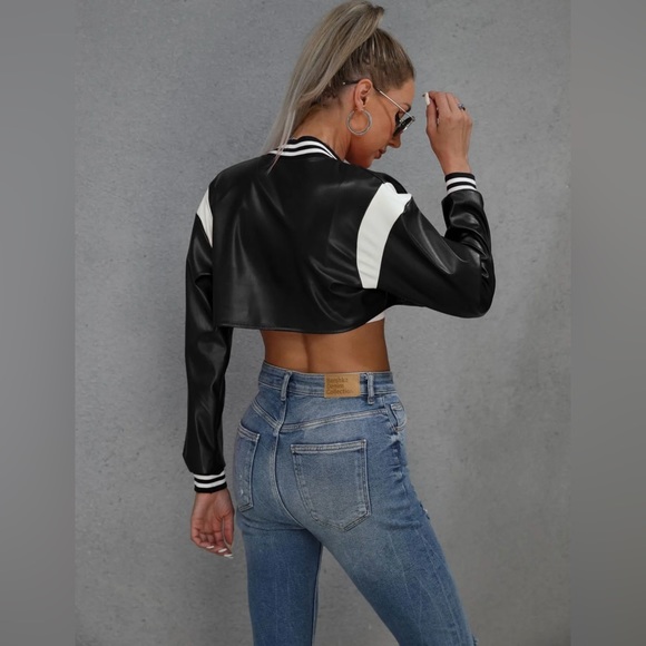 Cropped Faux Leather Bomber Jacket - Picture 3 of 5